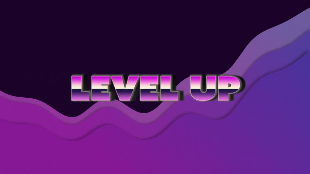 Animation of level up text over moving purple wave on dark background