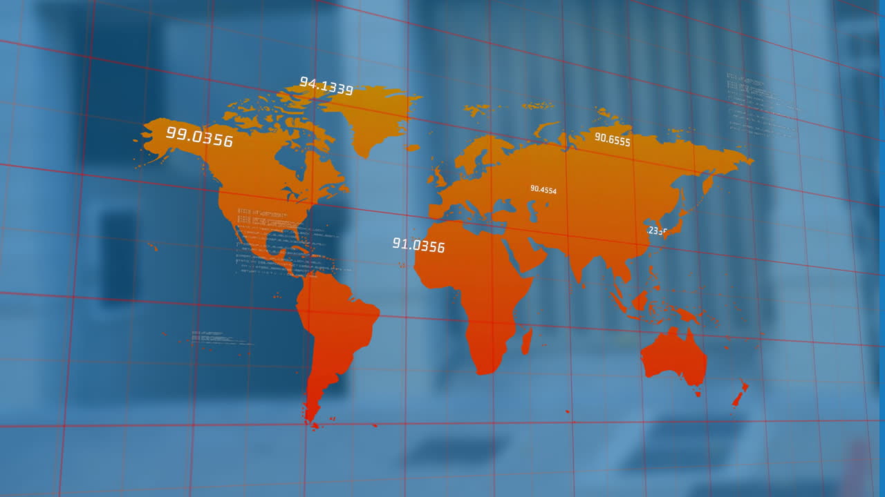 세계 지도와 건물에 대한 금융 데이터 처리의 애니메이션