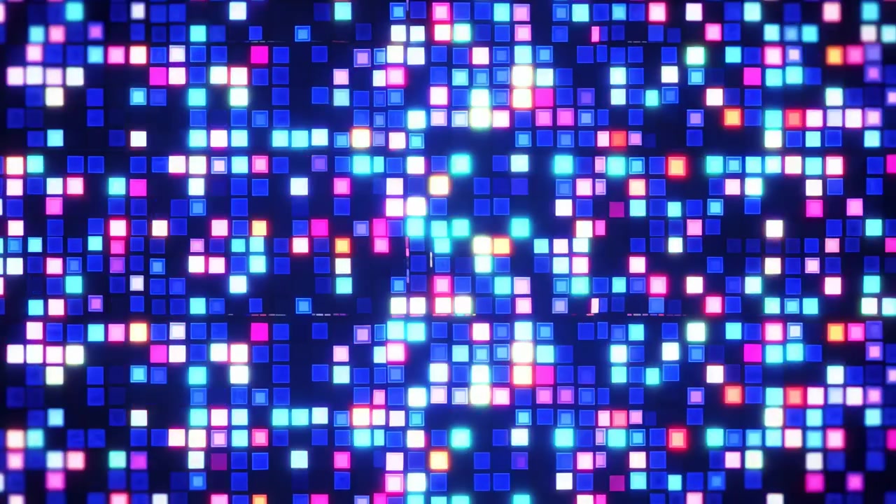 Vista ravvicinata di una parete a mosaico digitale luminosa composta da numerose piccole tessere quadrate illuminate nei toni del blu, viola, rosa e bianco. La telecamera è rivolta verso.