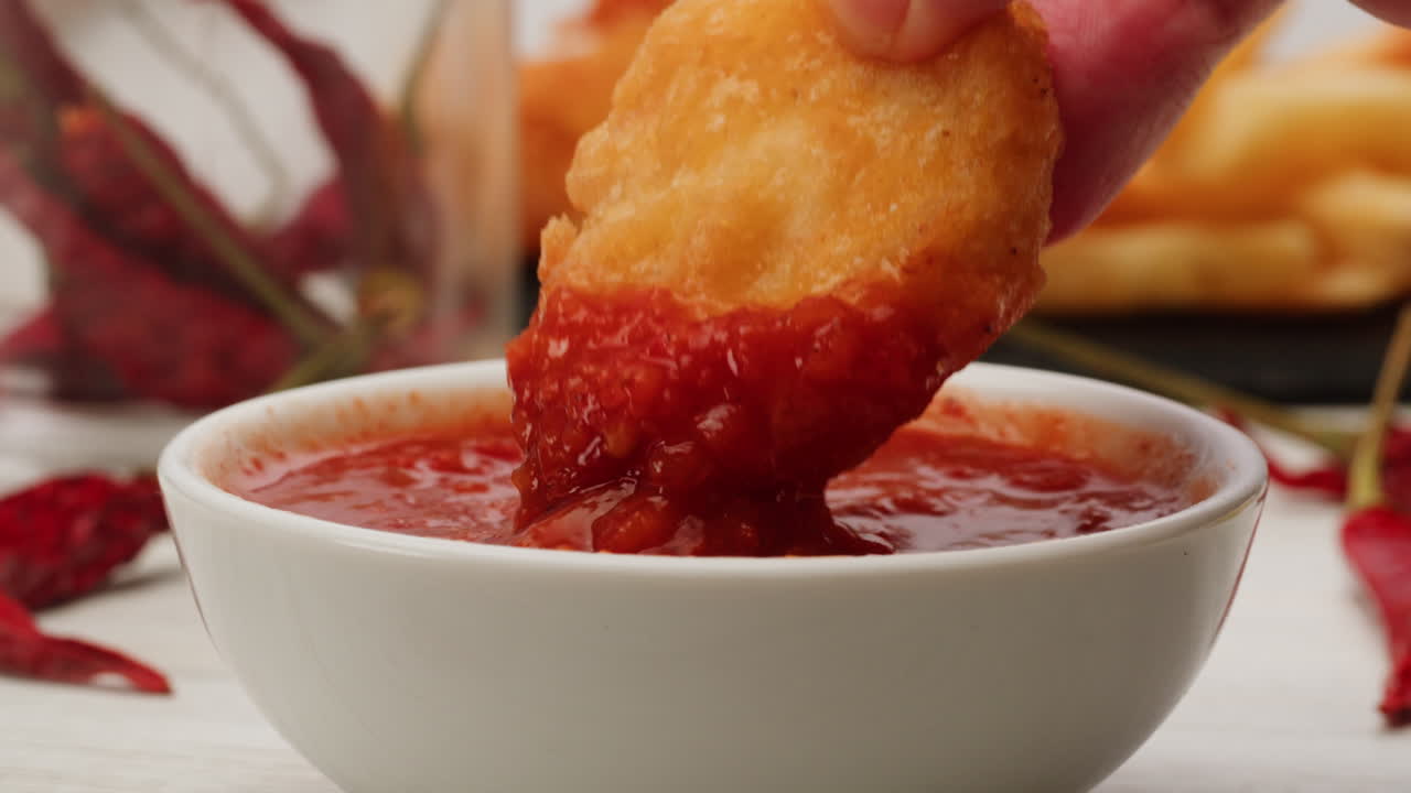 Hand dipping fried chicken nugget in sauce