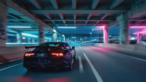 sleek sports car driving on highway at night