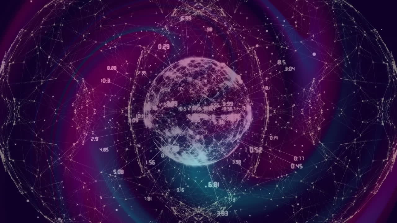 Animation of globe with data processing and connections on black background
