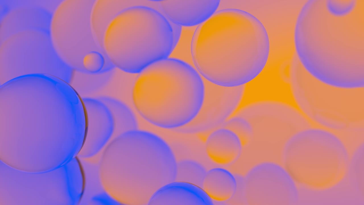 Abstract colorful bubbles. Blue and orange gradient background advertisement. Modern trendy banner or poster design. Dynamic bouncing balls and copy space for text. 3d animation of 4K