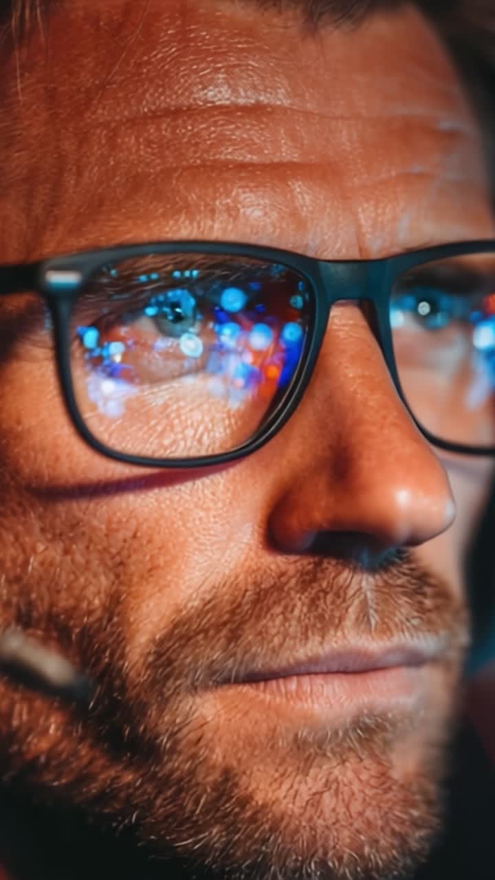 Operatore uomo concentrato che interagisce con la visualizzazione di dati digitali attraverso gli occhiali, catturando l'intensità e il coinvolgimento della tecnologia in azione.