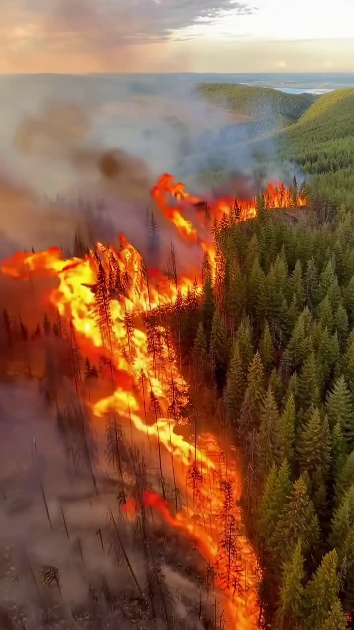Vista video aerea di un incendio boschivo con fiamme vivaci e fumo che avvolgono gli alberi.