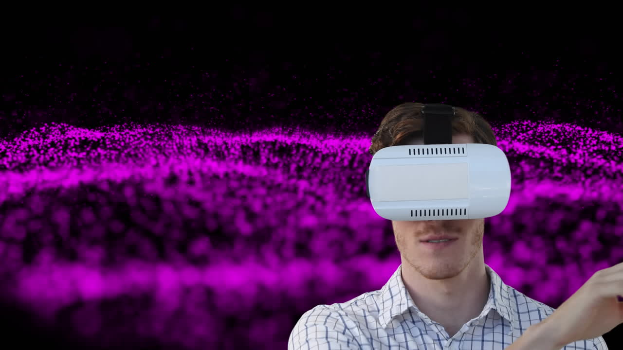 animación de brillo púrpura sobre el hombre que lleva gafas vr sobre fondo negro