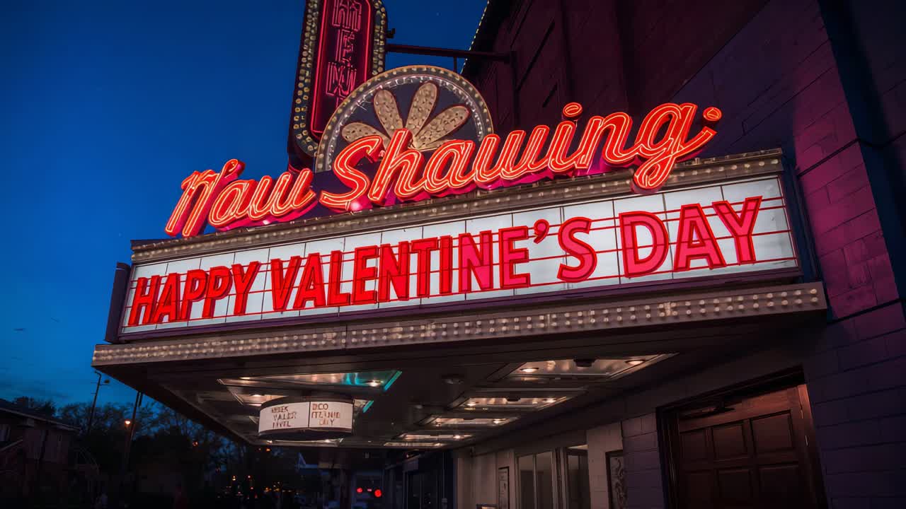 Pushing camera forward emphasizing neon Now Showing and marquee reading HAPPY VALENTINE'S DAY dusk