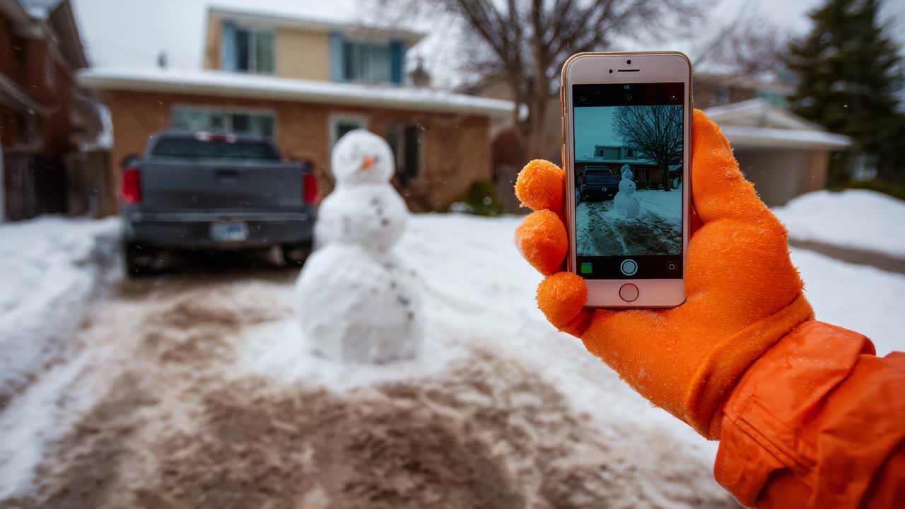 Capturing Winter Fun: A Person in an Orange Glove Takes a Photo of a Snowman with a Smartphone, Highlighting the Joys of Snowy Days and Outdoor Activities in a Residential Neighborhood