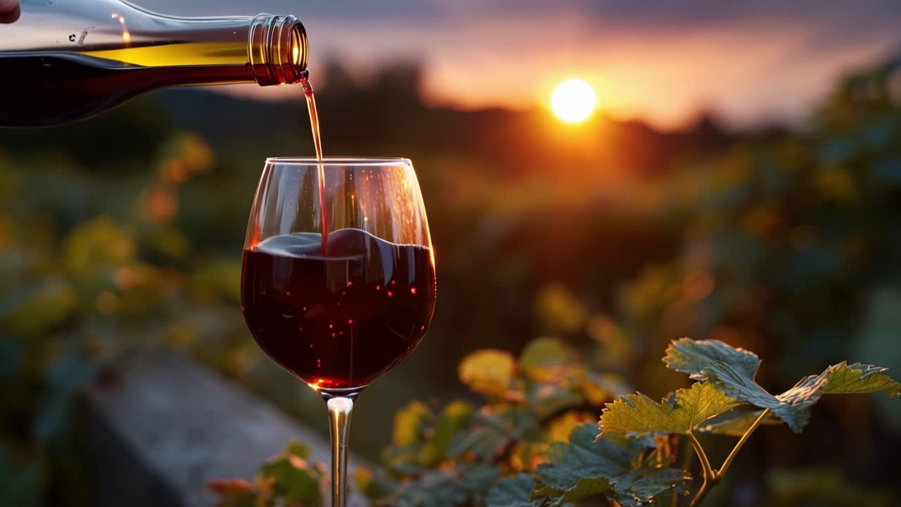 Zonsondergang schenkt wijn in een glas. Wijnranken gloeien zachtjes op de achtergrond. Gouden licht danst op de vloeistof. Het slokmoment voelt warm en langzaam. Perfect voor romantische of rustige scènes. Ideaal voor wijn, reizen.