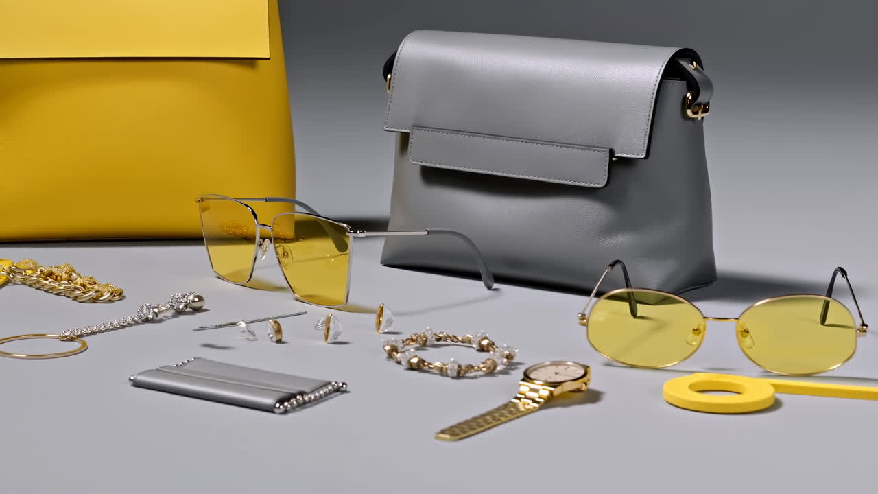 Borse giallo-grigio con occhiali da sole e gioielli disposti su una superficie neutra in studio, con orologio d'oro e perla.