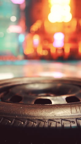 close up of a car tire with city lights in the background