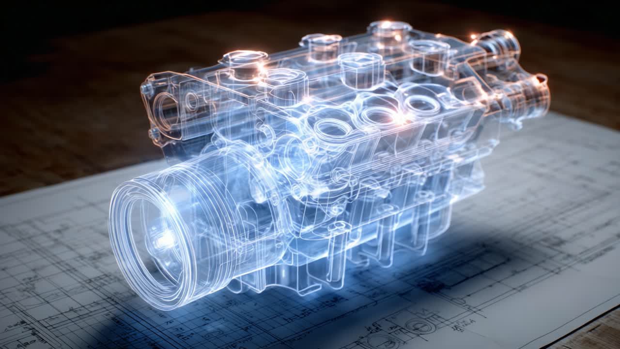 Detailed Visualization of a Transparent Engine Component Highlighting Intricate Features and Technical Design in a Blueprint Context