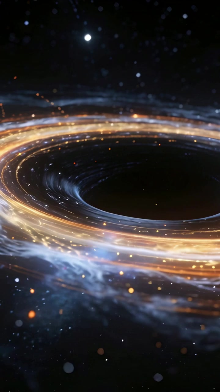 Vertical video: Rotating glowing ring pulling dust in as frames moving in space near central void