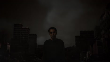desolate man in a ruined city