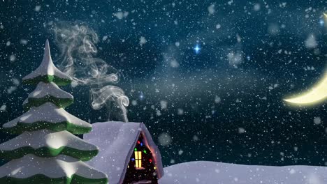 Animation-of-winter-scenery-with-decorated-house-on-blue-background