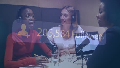animación de seguidores de redes sociales notificación sobre tres mujeres diversas haciendo podcast