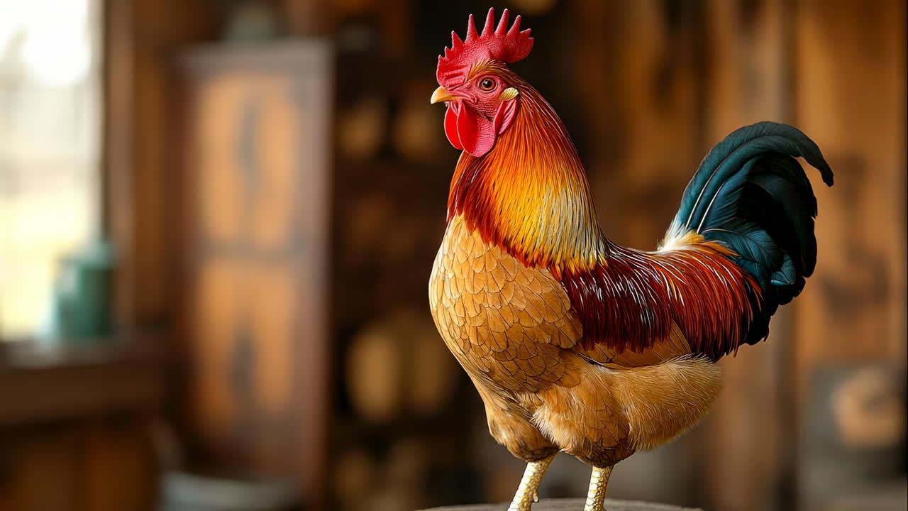Colorful rooster indoors. Close-up of a brightly colored rooster standing inside a rustic interior. Its feathers shine in vibrant red, gold, and green hues