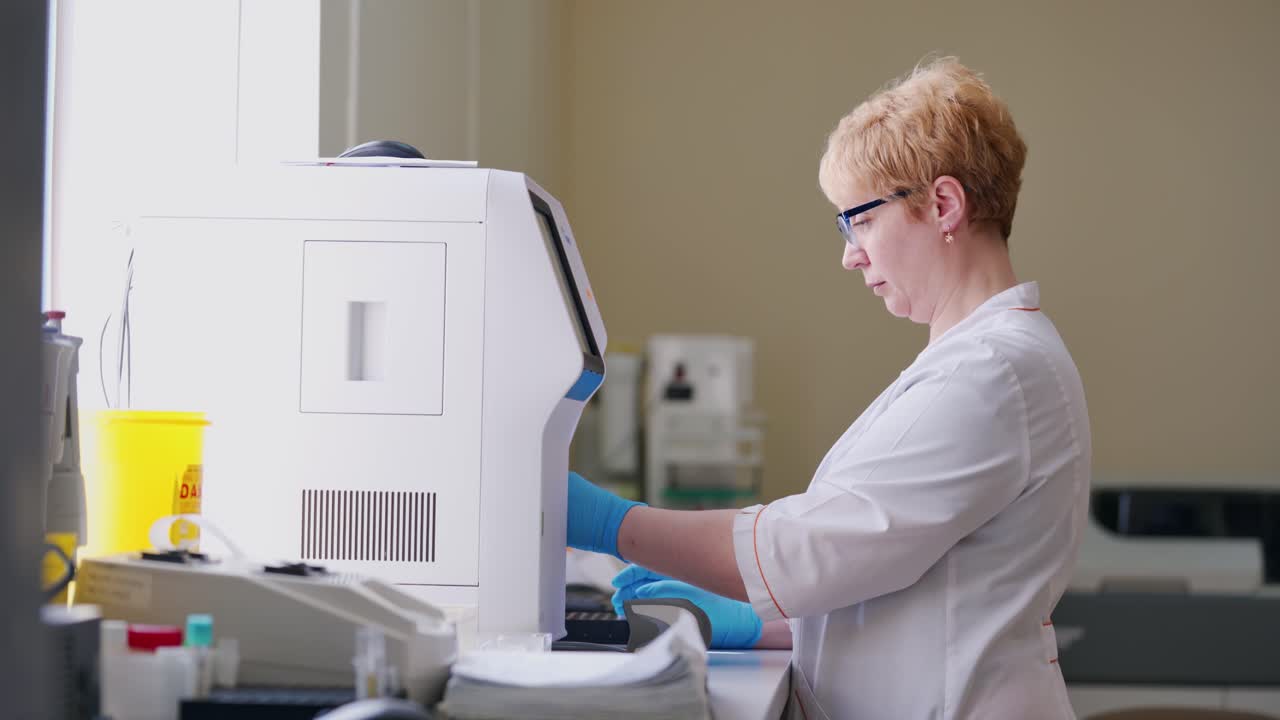 Side view of a laboratory worker. Modern equipment inside the microbiology cabinet. Woman in medical uniform testing samples in a research laboratory.