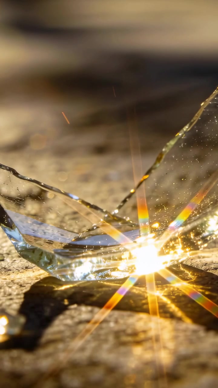 Vertical video: Casting broken glass shard bending sunlight as sun shifting on sand with dust