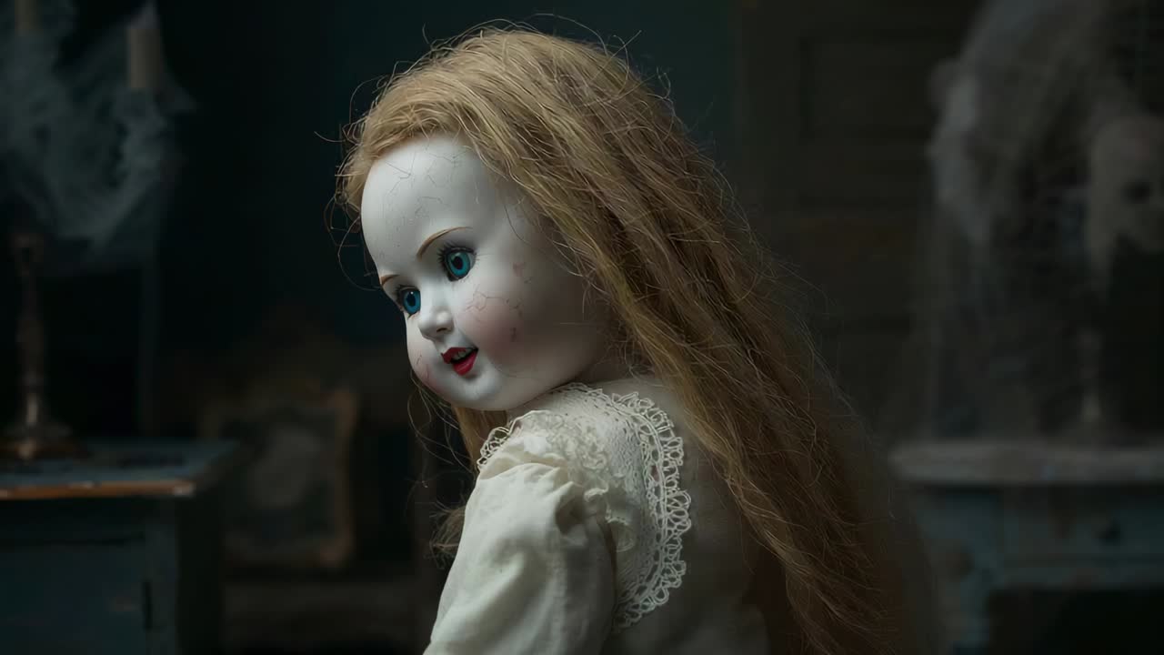 Boneca de porcelana giratória em vestido de renda com peruca dourada em uma sala de estar na abertura, revelando olhos vidrados
