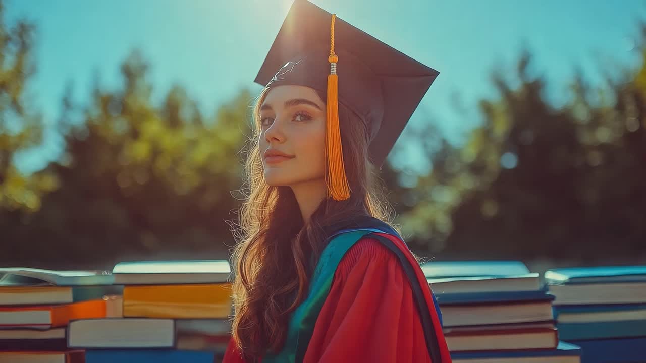 A graduate with mortarboard sitting behind stack of books