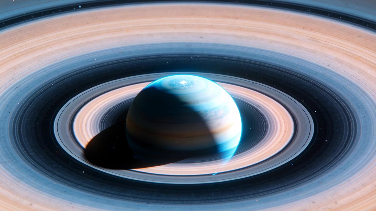 Showing ringed world with terminator shifting and shadow moving across rings in space, with storm