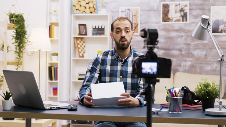 Uomo che presenta una scatola davanti a una fotocamera