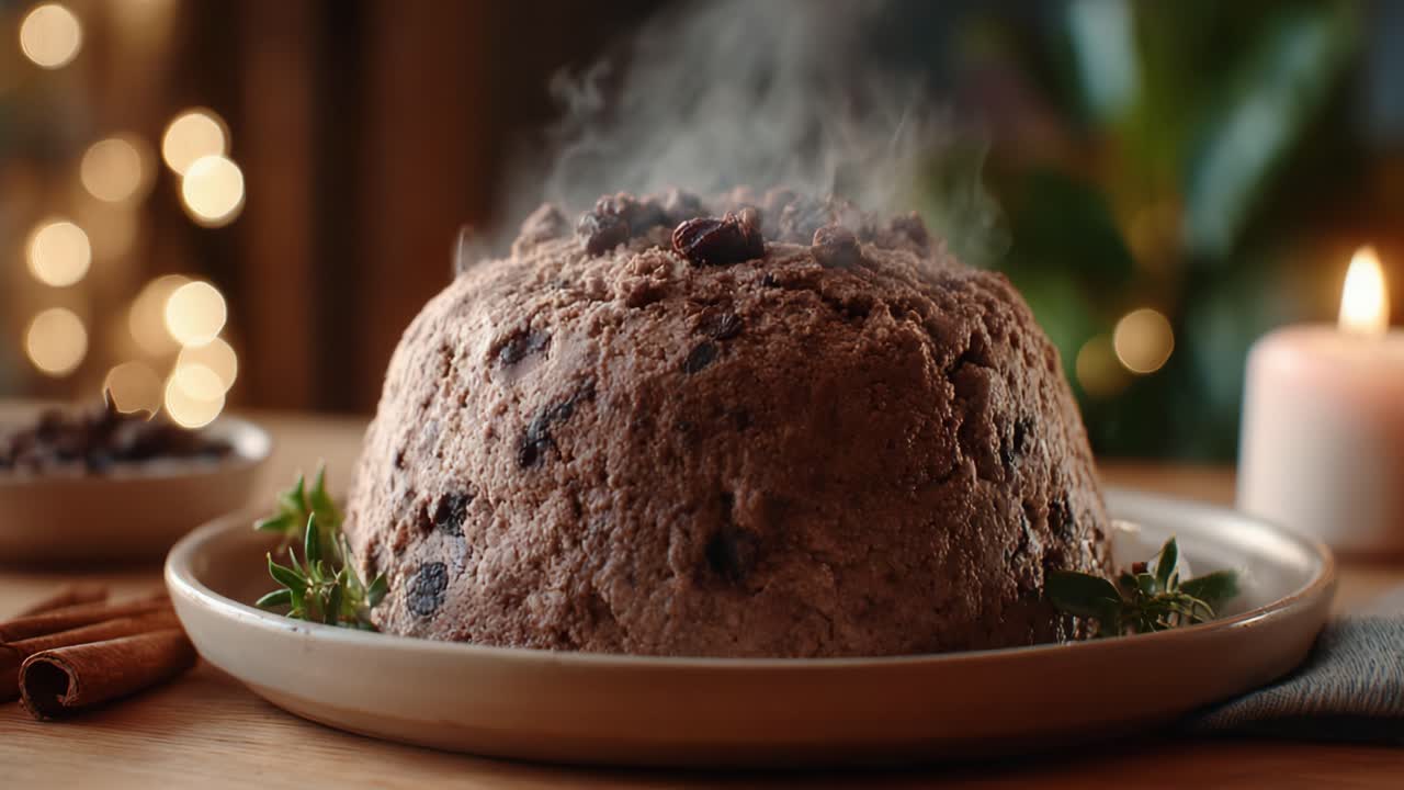 A Deliciously Steaming Rich Chocolate Cake, Beautifully Decorated and Perfectly Proportioned, Served on a Rustic Plate with Candles and Frosty Ambiance