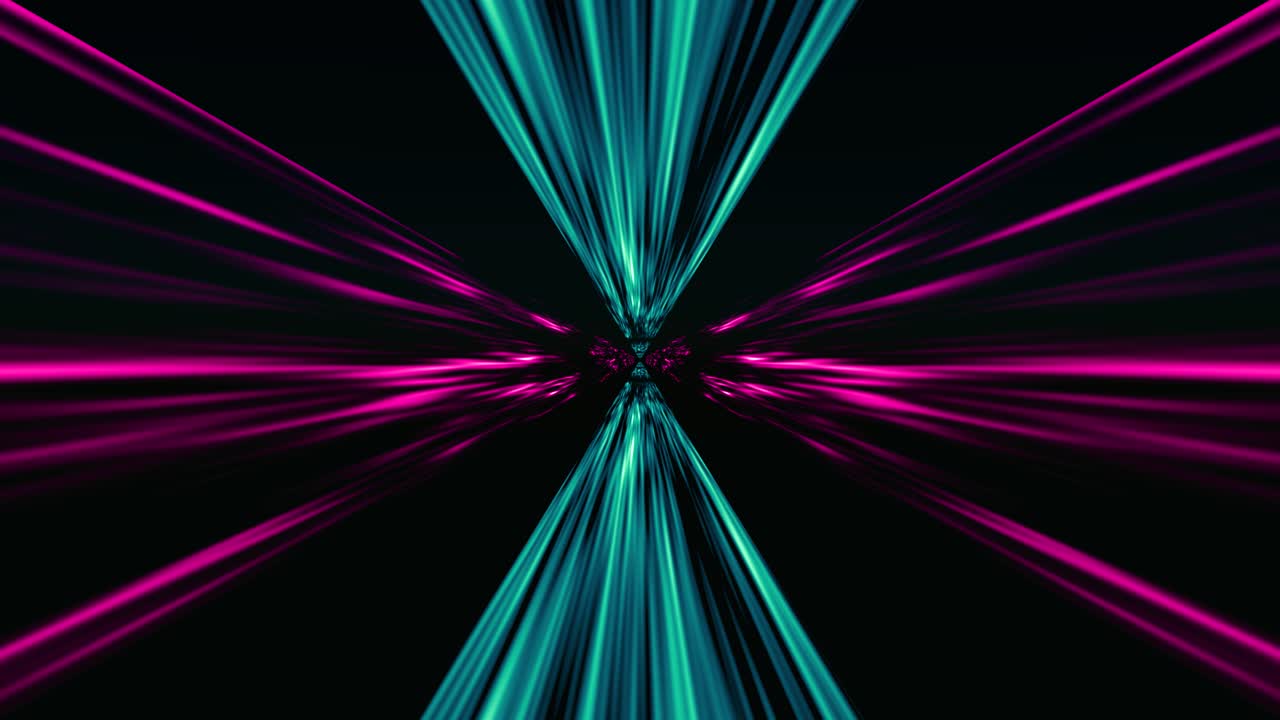 Light beams expanding and converging in a kaleidoscopic tunnel. 3d animation loop
