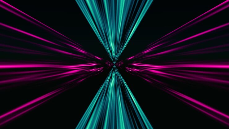 Light beams expanding and converging in a kaleidoscopic tunnel. 3d animation loop