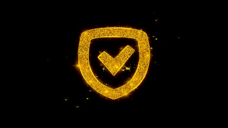 security shield icon sparks particles on black background.