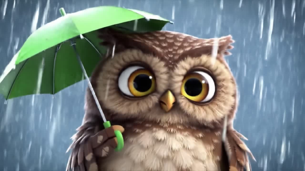 A Charming Cartoon Owl with a Green Umbrella Happy in the Rain: A Whimsical Scene Featuring a Cute Character Embracing a Rainy Day Atmosphere
