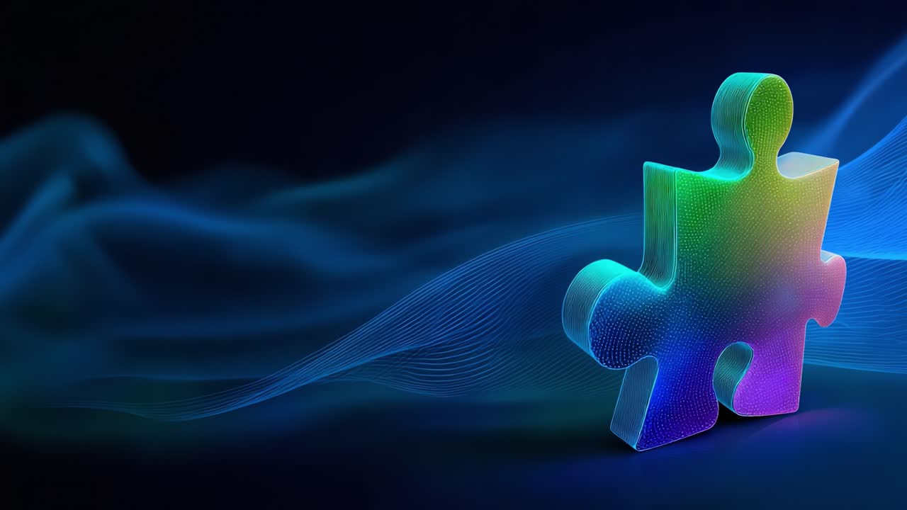 A Vibrant and Futuristic Puzzle Piece Glows Amidst a Flowing Background of Colorful Waves, Creating a Captivating Visual Experience in Abstract Design