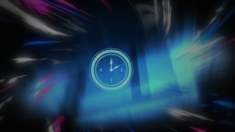 Animation-of-clock-with-moving-hands-with-swirling-colours-and-glowing-blue-light