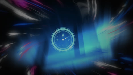 animación de un reloj con manecillas en movimiento con colores arremolinados y luz azul brillante