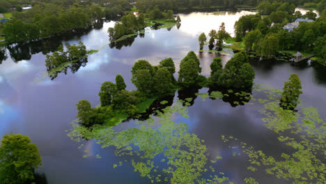 aerial orbiting around green trees on the islet on the hillsborough river with calm water in florida, usa