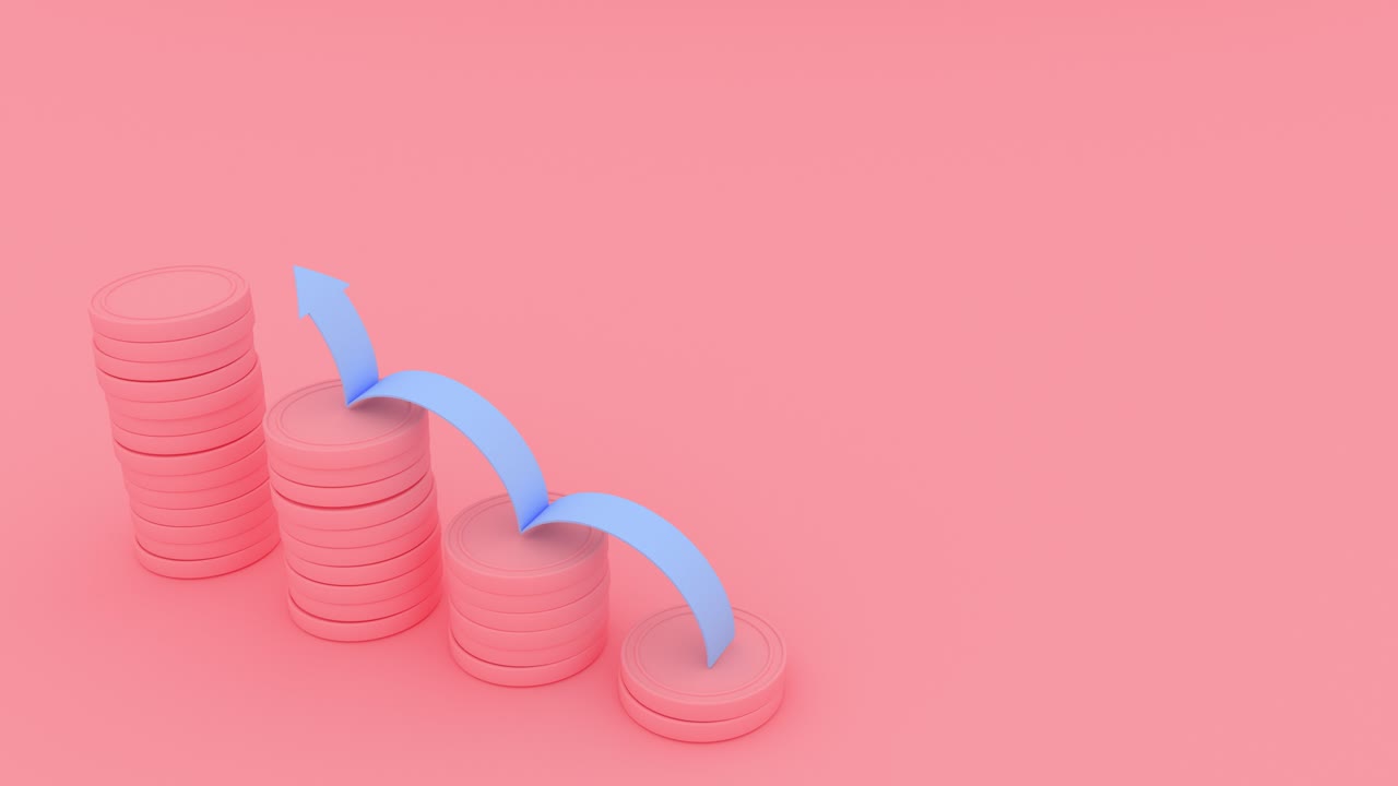 Columns of gold coins stacked in an uptrend, arrow climbing over the money symbolizing wealth, business or investment success