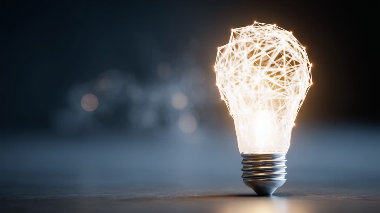 Una rappresentazione visiva accattivante di una lampadina illuminata con complessi disegni a wireframe, che simboleggia innovazione e creatività nella tecnologia moderna.