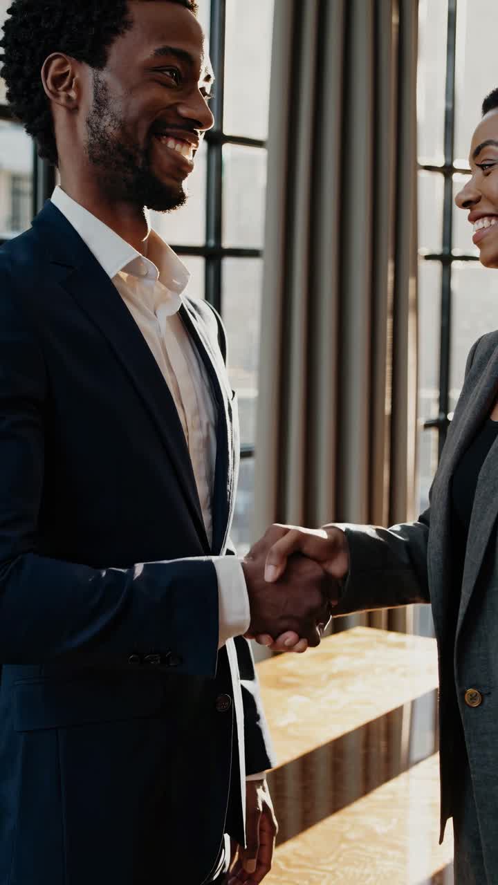 Smiling Business Professionals Shaking Hands in Office