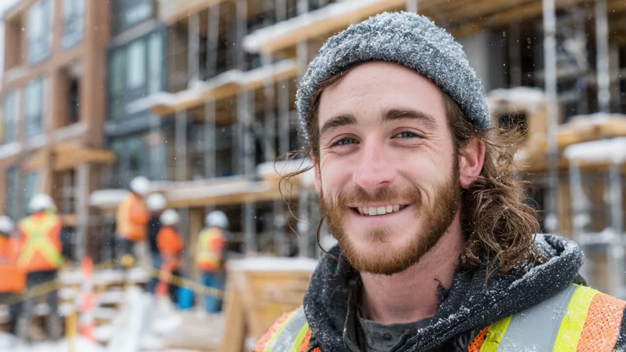 Smiling Construction Worker in Winter Gear at Active Building Site: Embracing the Challenge of Snowy Conditions with Positivity and Dedication