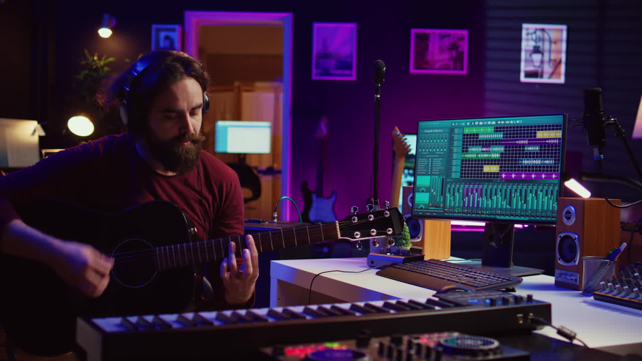 artista hábil grabando su canción de guitarra para mezclar en el software daw