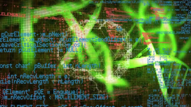 Animation of diverse data processing and dna on black background