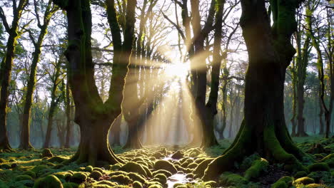 mystical forest path at sunrise