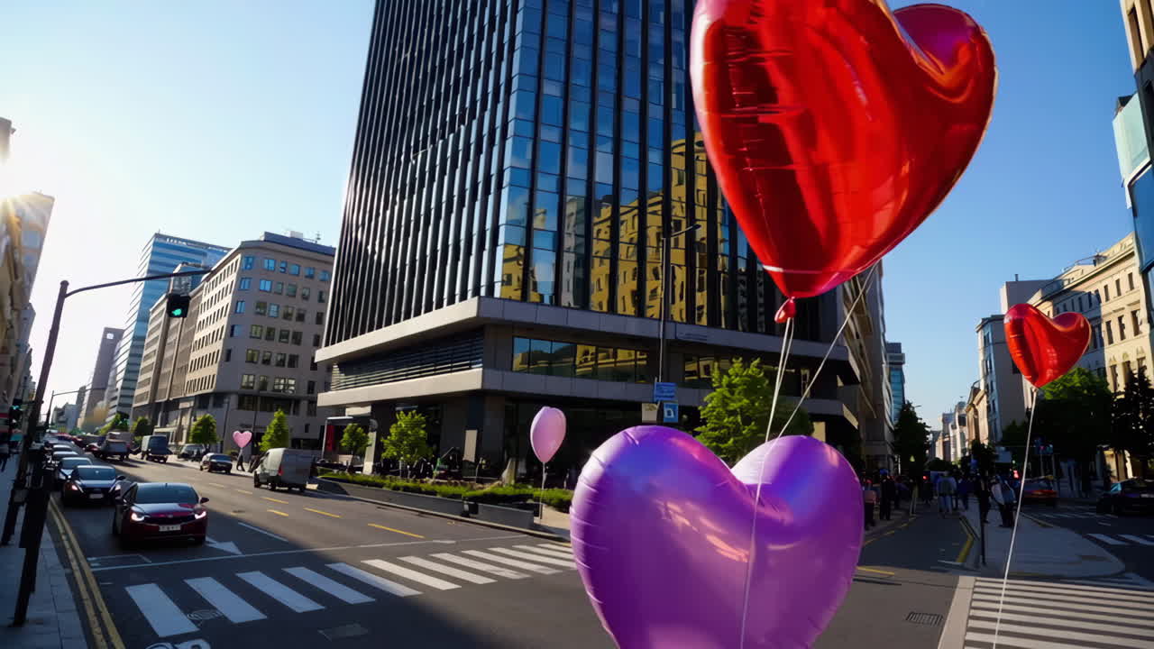 calle de la ciudad con globos de corazón