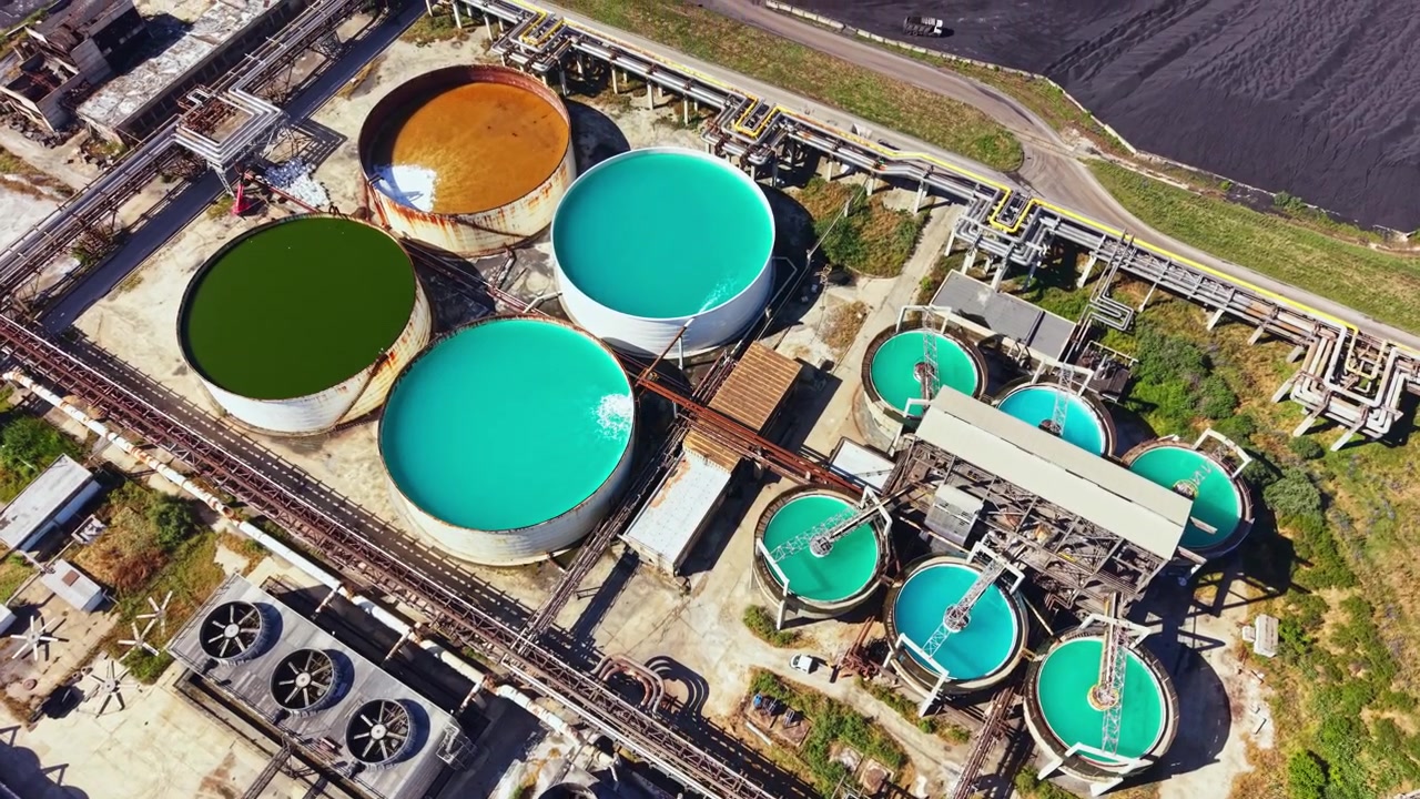 Industrial water treatment facility processes fluids at different stages in a large plant near a water source under bright sunlight in the afternoon