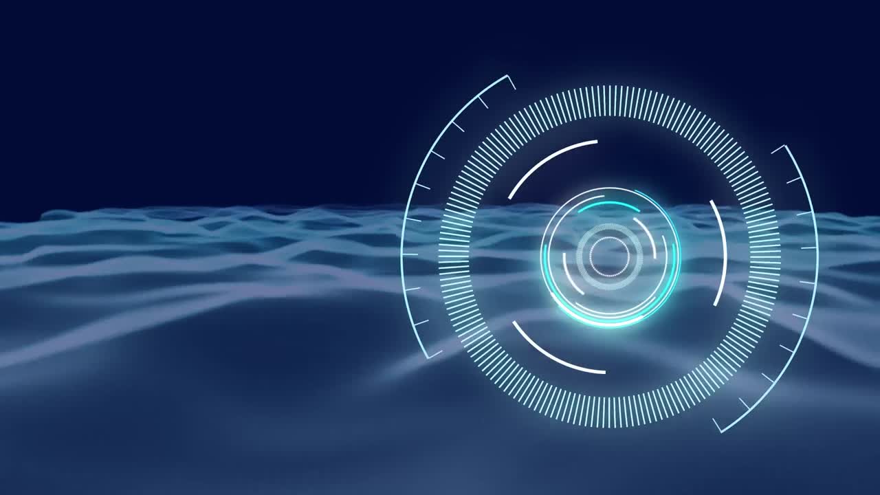 animación de un escáner redondo de neón que gira sobre la onda digital contra un fondo azul