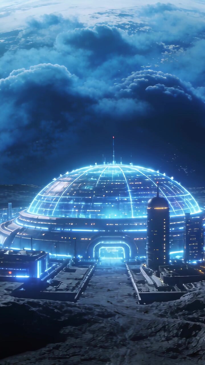Vertical video: Camera zooming toward lit geodesic dome on rocky plain, showing entrance and towers