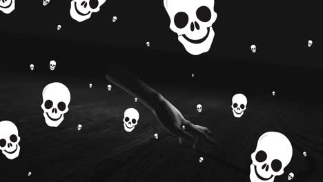 animation of skulls falling over hand walking in black space