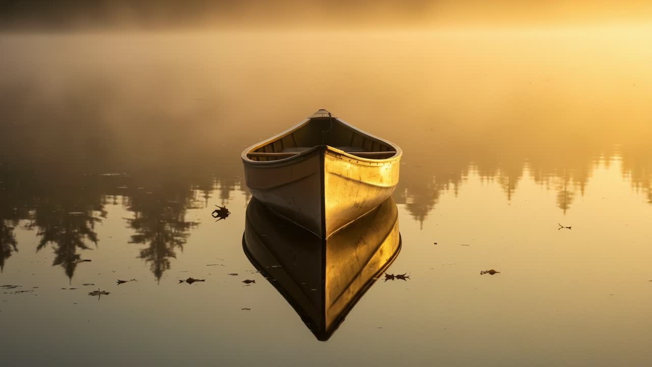 Serene Morning Reflection: A Tranquil Boat Floating on Calm Waters Surrounded by a Misty Dawn, Evoking Peace and Natural Beauty