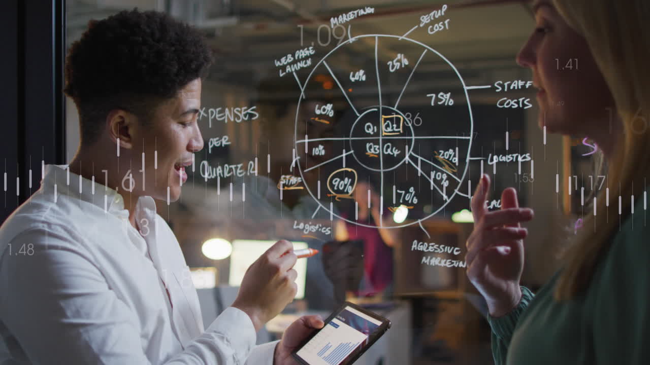 Animation of financial data processing over diverse business people working in office